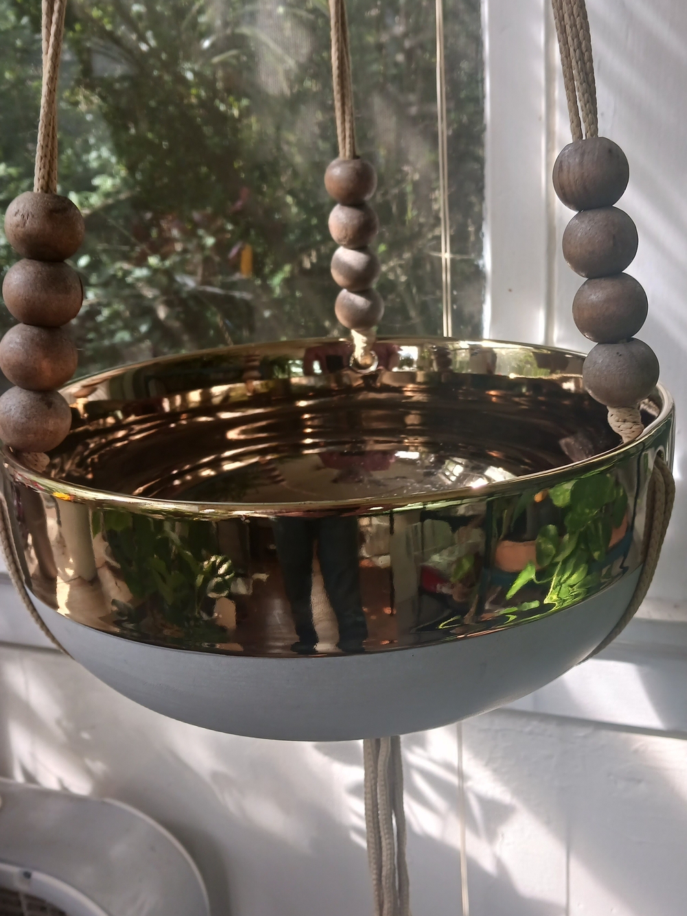 Gold and Cream Hanging Planter with Beaded Rope - Decorative Indoor Accent